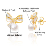 BURLAP LIFE Gold Plated 925 Sterling Silver Freshwater Pearl Earrings Stud (Bow Zircon) - GexWorldwide