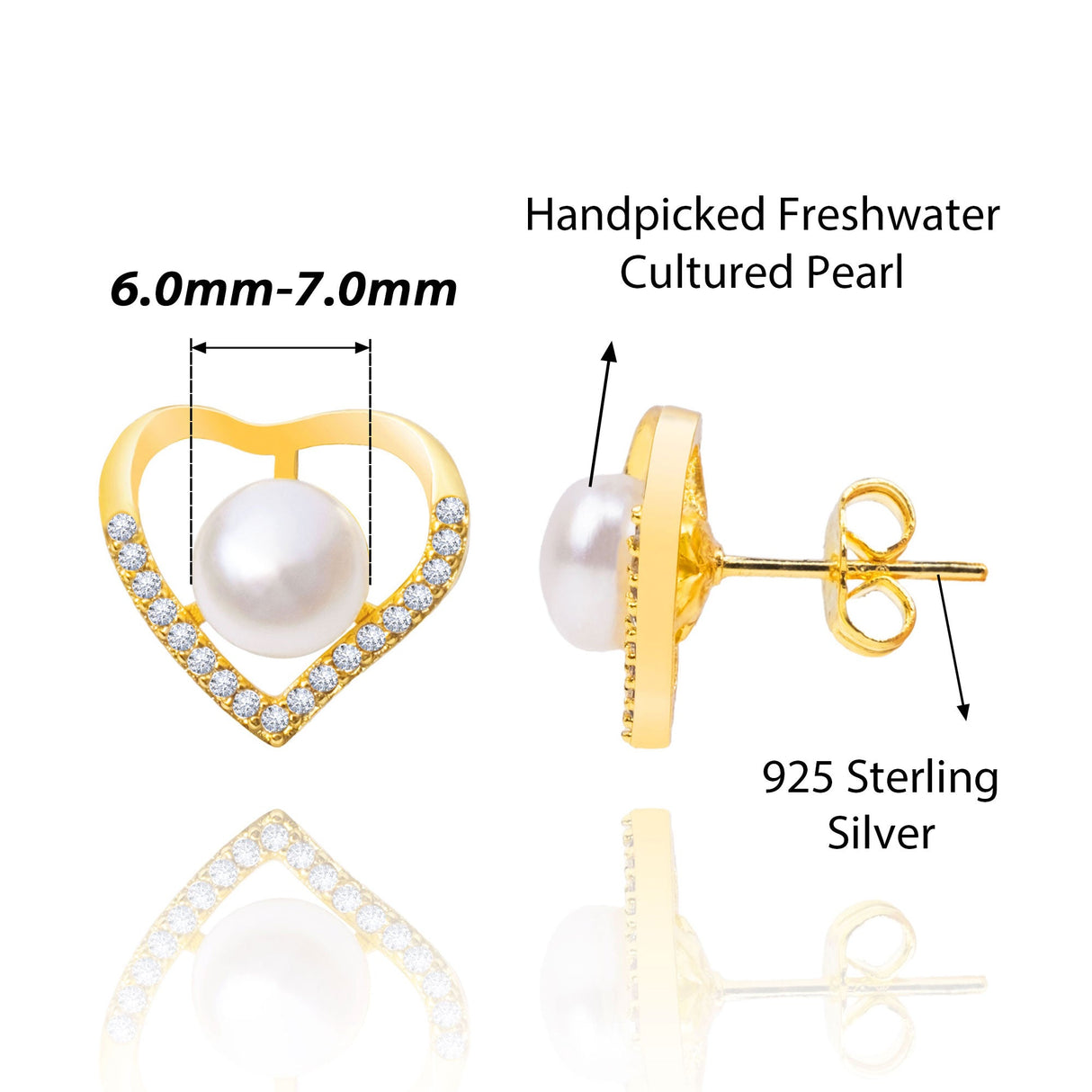 BURLAP LIFE Gold Plated 925 Sterling Silver Freshwater Pearl Earrings Stud (Heart Zircon) - GexWorldwide