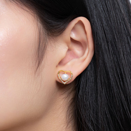 BURLAP LIFE Gold Plated 925 Sterling Silver Freshwater Pearl Earrings Stud (Heart Zircon) - GexWorldwide
