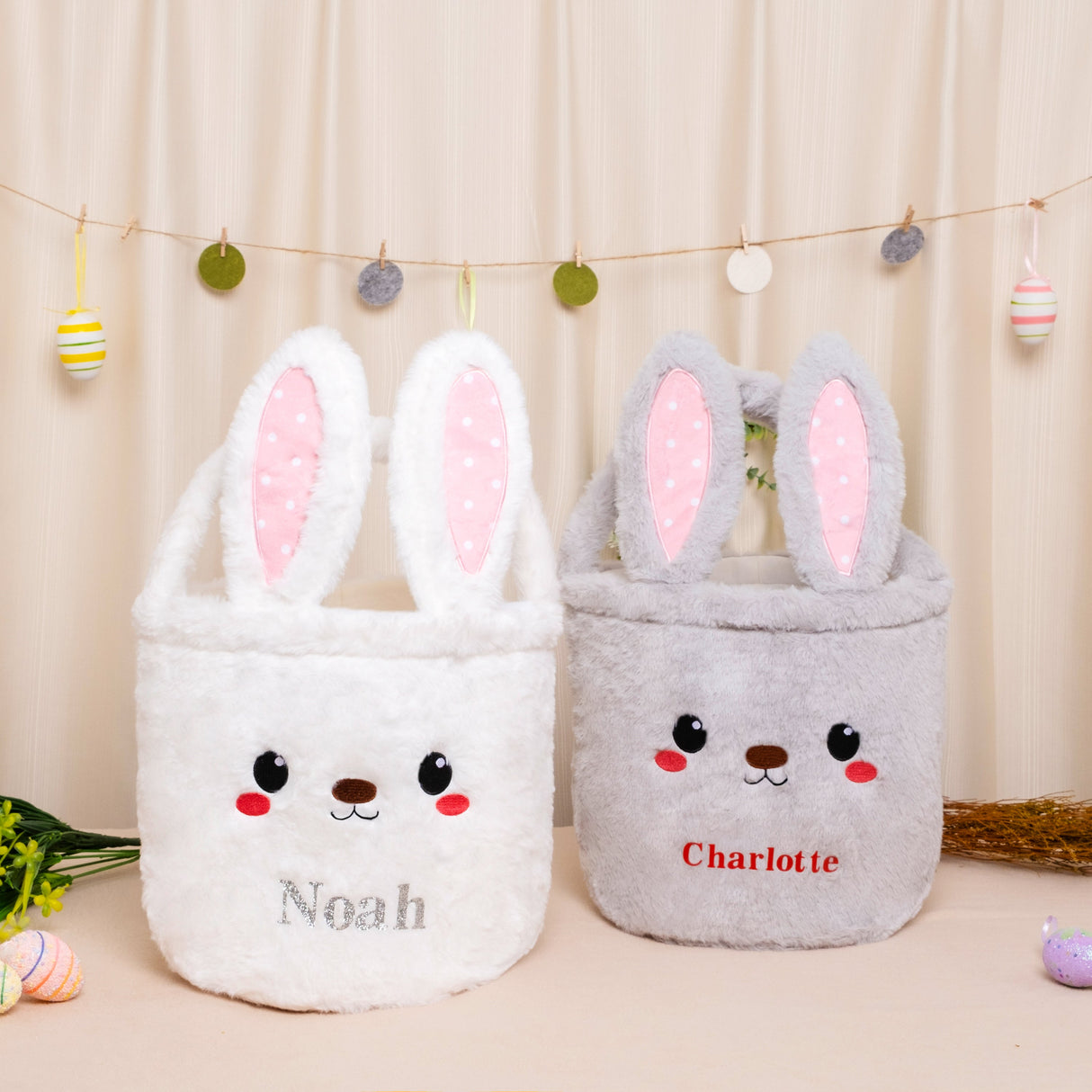 GEX Personalized Easter Bunny Basket Kids Plush Bunny Basket with Name - GexWorldwide
