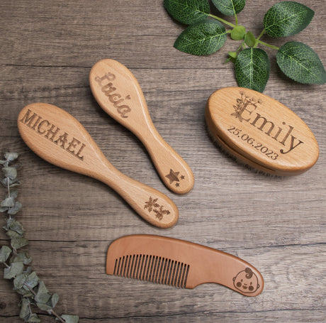 GEX Personalized Wooden Baby Hair Brush Set Engraved for Baby Shower Gift - GexWorldwide