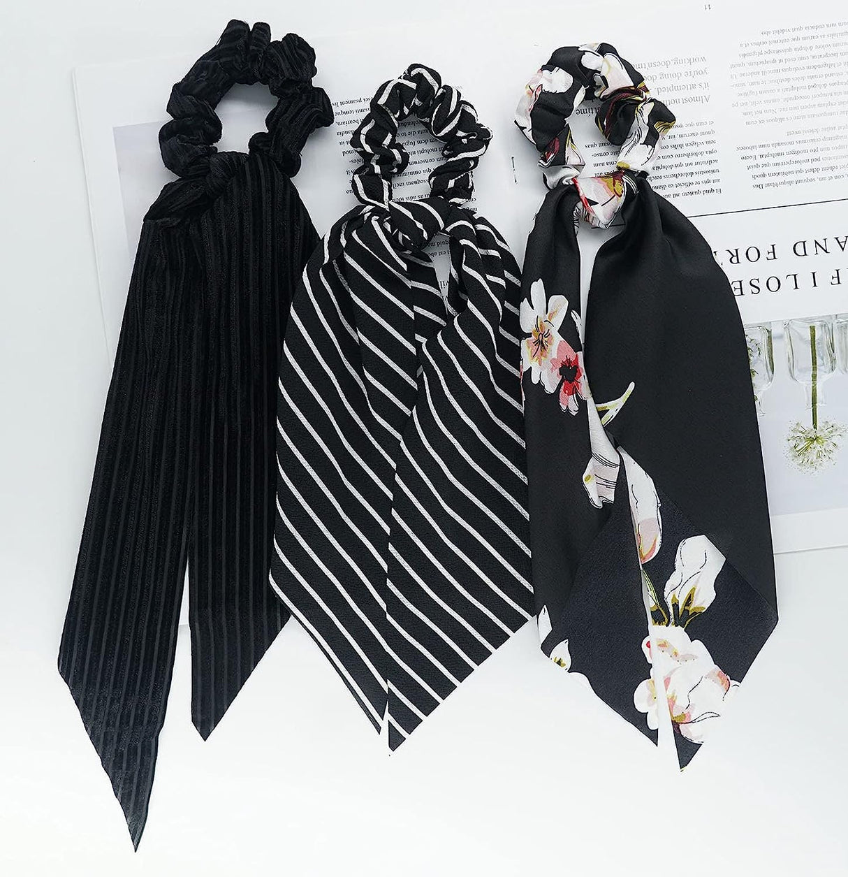 GEXWORLDWIDE Black Scrunchies Scarf Hair Ribbon Ties Hair Scrunchie with Tails Long Bow Bowknot(6PCS) - GexWorldwide