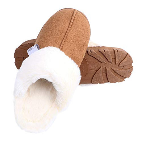 LUBOT Chestnut Women's Leather Slippers Plush Faux Fur Anti-Slip Indoor/Outdoor Shoes - GexWorldwide