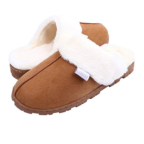 LUBOT Chestnut Women's Leather Slippers Plush Faux Fur Anti-Slip Indoor/Outdoor Shoes - GexWorldwide