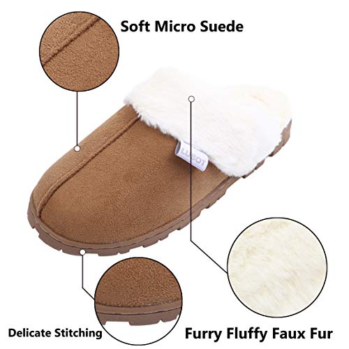 LUBOT Chestnut Women's Leather Slippers Plush Faux Fur Anti-Slip Indoor/Outdoor Shoes - GexWorldwide