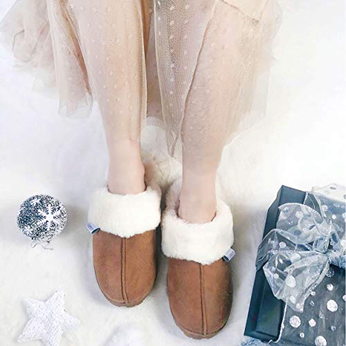 LUBOT Chestnut Women's Leather Slippers Plush Faux Fur Anti-Slip Indoor/Outdoor Shoes - GexWorldwide