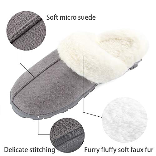 LUBOT Gray Women's Leather Slippers Plush Faux Fur Anti-Slip Indoor/Outdoor Shoes - GexWorldwide