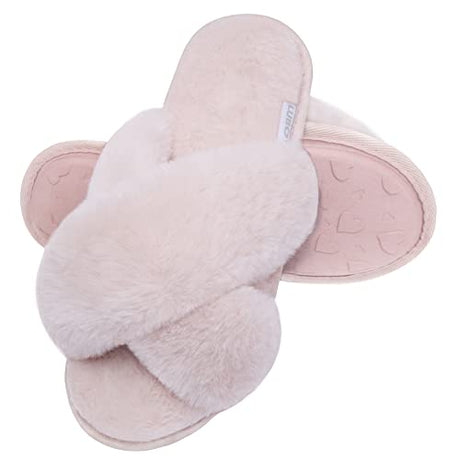 LUBOT Pink Women's Cross Fuzzy Slippers Plush Faux Fur Lined Anti-Slip Indoor Shoes - GexWorldwide