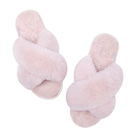 LUBOT Pink Women's Cross Fuzzy Slippers Plush Faux Fur Lined Anti-Slip Indoor Shoes - GexWorldwide