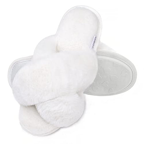 LUBOT White Women's Cross Fuzzy Slippers Plush Faux Fur Lined Anti-Slip Indoor Shoes - GexWorldwide