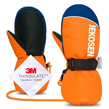 Orange Kids Snow Gloves Waterproof Warm Anti-lost lanyard 3M Thinsulate Glove - GexWorldwide