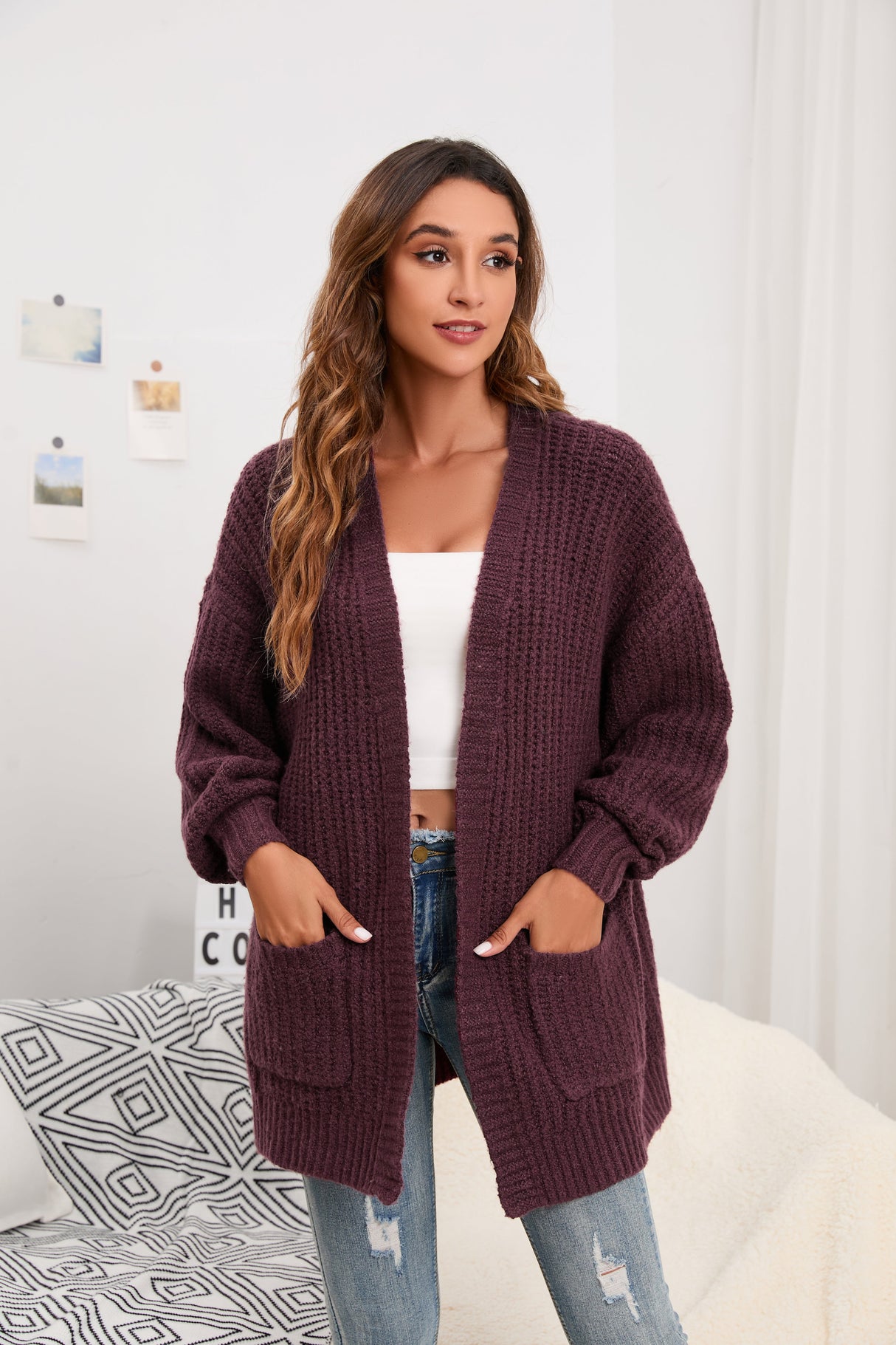 Women's Cardigan Sweater Oversized Cable Chunky Knit Coat Burgundy - GexWorldwide