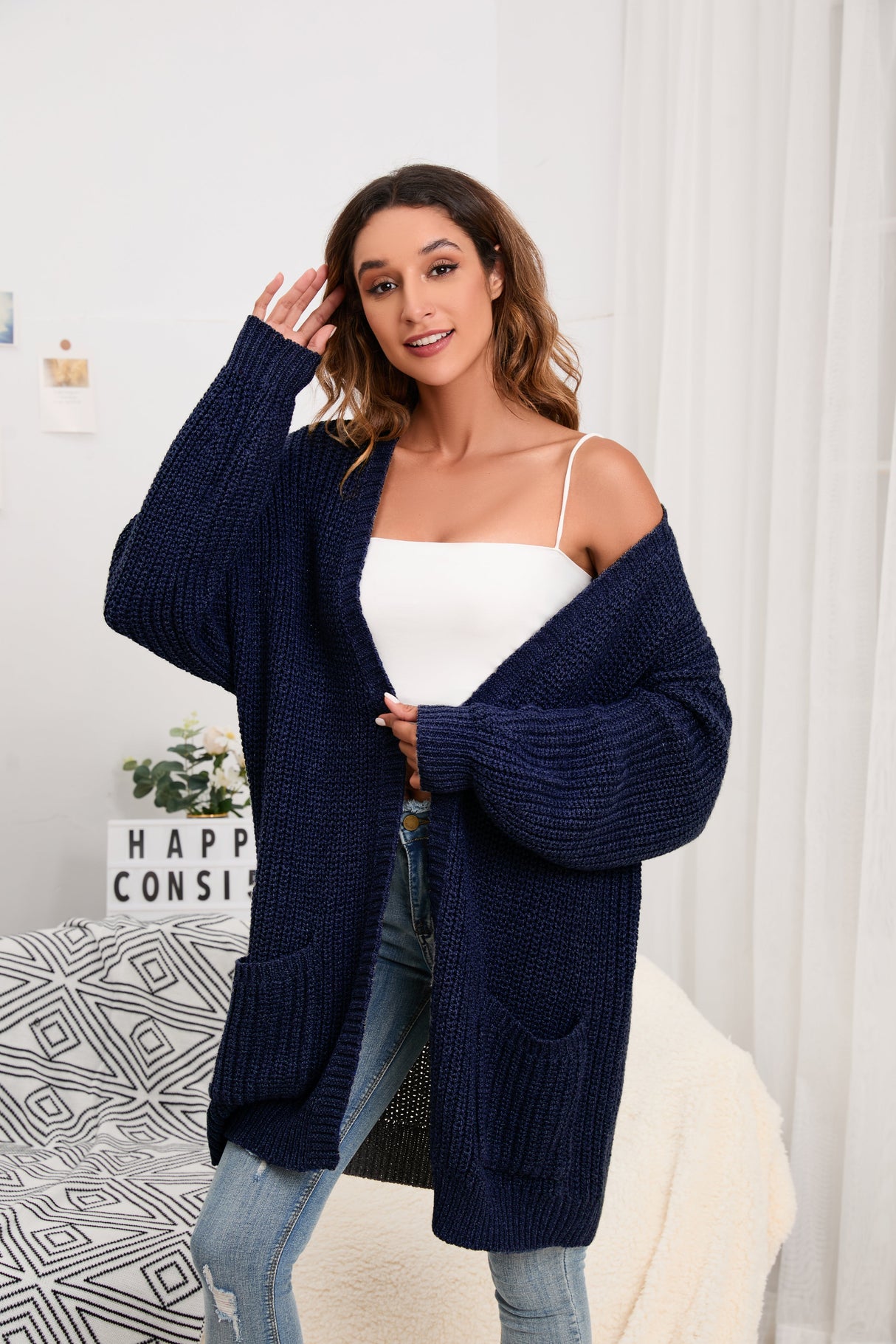 Women's Cardigan Sweater Oversized Cable Chunky Knit Coat Dark Blue - GexWorldwide