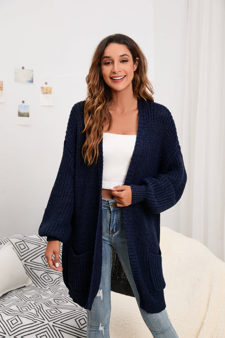 Women's Cardigan Sweater Oversized Cable Chunky Knit Coat Dark Blue - GexWorldwide