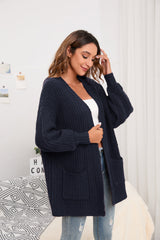 Women's Cardigan Sweater Oversized Cable Chunky Knit Coat Navy Blue - GexWorldwide
