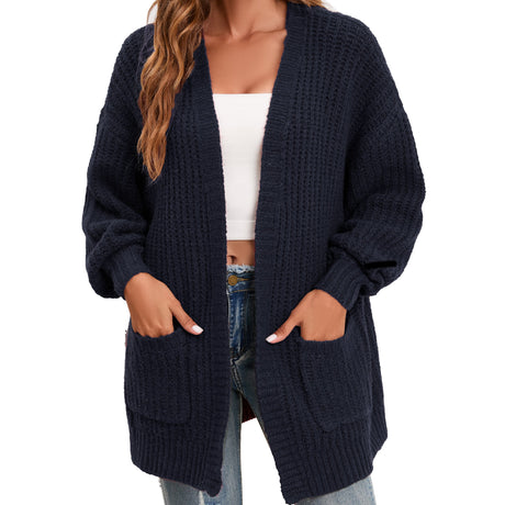 Women's Cardigan Sweater Oversized Cable Chunky Knit Coat Navy Blue - GexWorldwide