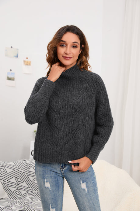 Women's Cotton Mock Neck Pullover Cropped Ribbed Knit Sweater Dark Gray - GexWorldwide