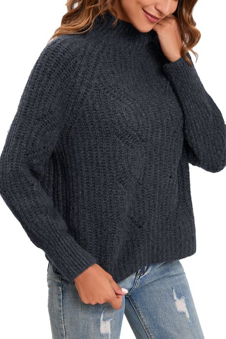 Women's Cotton Mock Neck Pullover Cropped Ribbed Knit Sweater Dark Gray - GexWorldwide