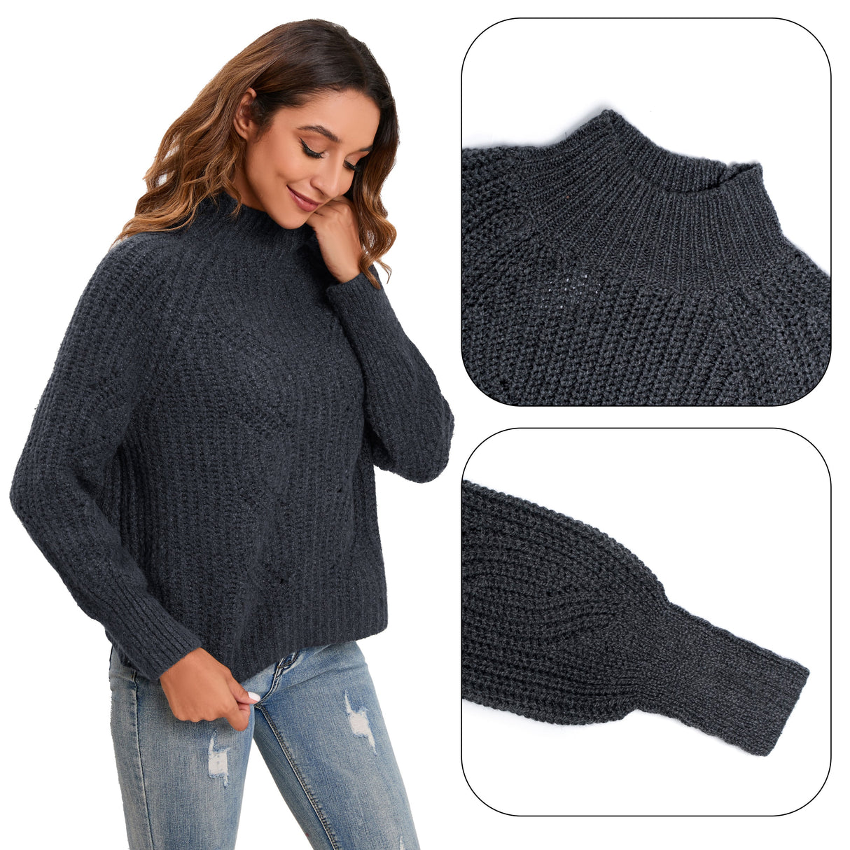 Women's Cotton Mock Neck Pullover Cropped Ribbed Knit Sweater Dark Gray - GexWorldwide
