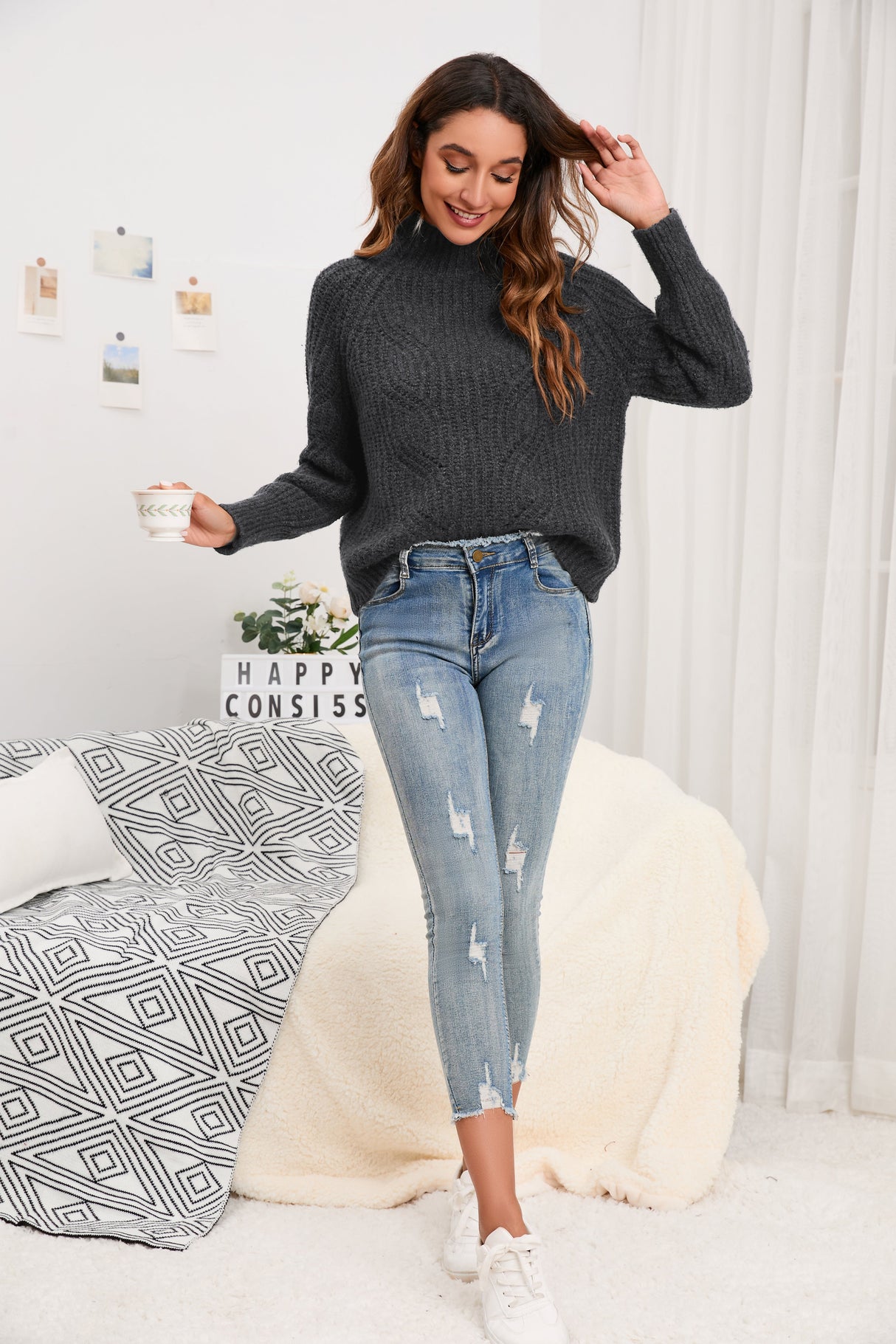 Women's Cotton Mock Neck Pullover Cropped Ribbed Knit Sweater Dark Gray - GexWorldwide