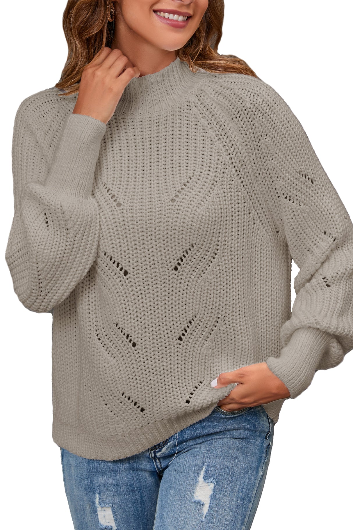 Women's Cotton Mock Neck Pullover Cropped Ribbed Knit Sweater Gray - GexWorldwide
