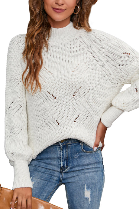 Women's Cotton Mock Neck Pullover Cropped Ribbed Knit Sweater White - GexWorldwide